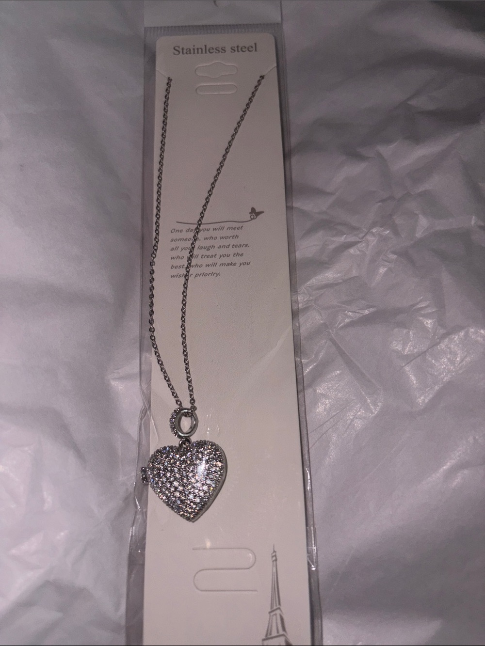 Stainless Steel Heart Pendant Necklace with Clear Crystals - Silver